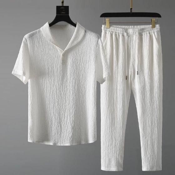 Mens Crinkled Co-Ord Set White