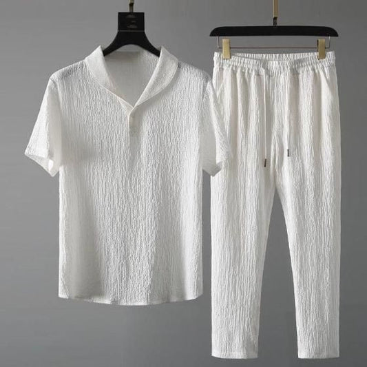 Mens Crinkled Co-Ord Set White